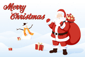 Santa Claus is at full height waving his hand and holding a bag with presents behind. Snowman with a hat and a scarf is in the background also waving hello. Gifts laying around in the snow.