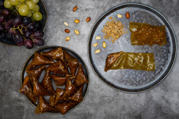 Turkish sweet dish.Honey hazelnut nutmeg grape batter dough with hazelnut filling.
