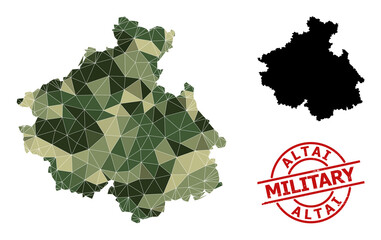 Low-Poly mosaic map of Altai Republic, and grunge military watermark. Low-poly map of Altai Republic is constructed of chaotic khaki color triangles.