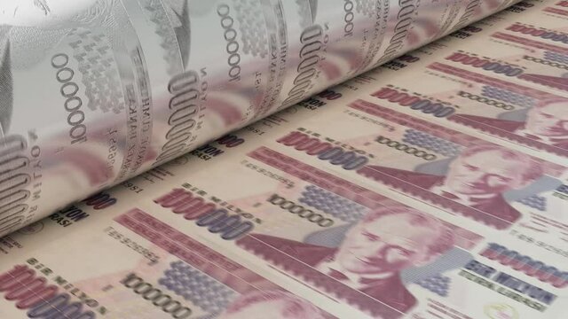 A 4K seamless looping animation concept image showing a long sheet of turkish lira notes going through a print roller in its final phase of a print run
