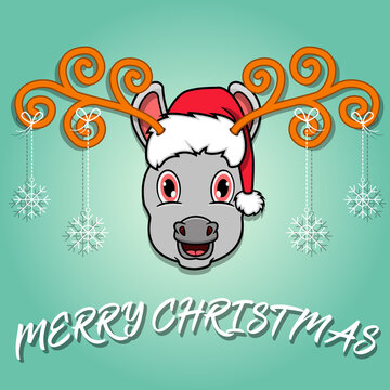 Cute Donkey Head Cartoon Christmas Card. Wearing Hat and Funny Christmas.