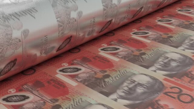 A 4K seamless looping animation concept image showing a long sheet of australian dollar notes going through a print roller in its final phase of a print run	