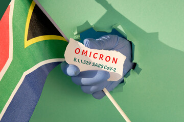 Omicron, new corona virus variant of concern. Hand in glove from torn paper hole holds South...