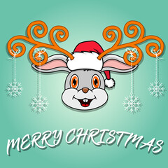 Cute Rabbit Head Cartoon Christmas Card. Wearing Hat and Funny Christmas.