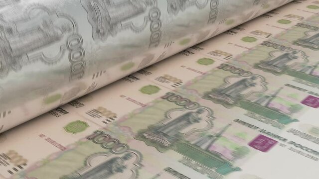 A 4K seamless looping animation concept image showing a long sheet of russian ruble notes going through a print roller in its final phase of a print run	
