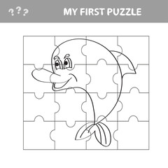 Easy educational paper game for kids. Simple kid application with Cute Dolphin. My first puzzle. Coloring page