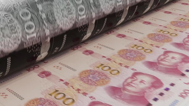 A 4K seamless looping animation concept image showing a long sheet of chinese yuan notes going through a print roller in its final phase of a print run	