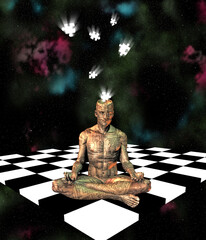 Droid meditates in lotus pose