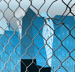 Fototapeta premium Colorful houses behind metal grid fence