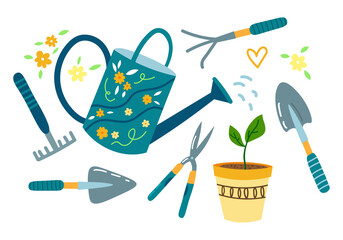 Cute vector gardening set. Doodle graphic garden tools set
