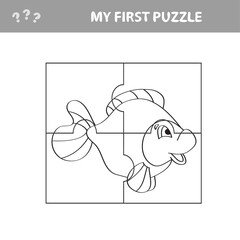 Fish in cartoon style, education game for the development of preschool children, cut parts of the image - my first puzzle. Coloring page