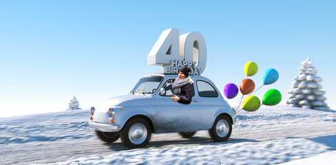 Geburtstagsauto Happy Birthday 40 im Winter