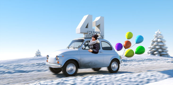 Geburtstagsauto Happy Birthday 41 im Winter