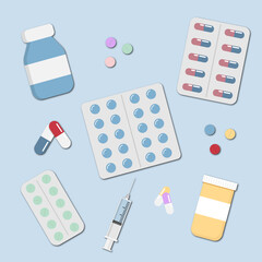 set of drugs, capsule tablets, medicine pharmacy, treatment, blaeite background