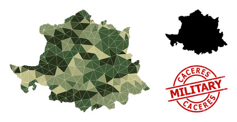 Triangle mosaic map of Caceres Province, and textured military stamp imitation. Lowpoly map of Caceres Province is combined with scattered khaki colored triangles.