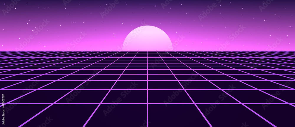Poster retro vector grid with stars. perspective tile of lines. detailed vector illustration.