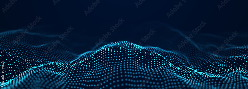Poster Abstract blue background of points. Falling cyber particles. Big data stream. 3d rendering