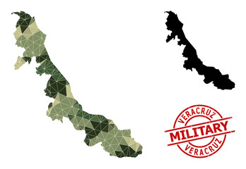 Low-Poly mosaic map of Veracruz State, and grunge military stamp. Low-poly map of Veracruz State is designed with randomized camo color triangles.