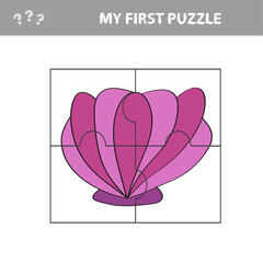Kids entertaining game with a sea shell puzzle piece in a vector illustration of marine life - my first puzzle
