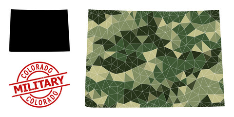 Low-Poly mosaic map of Colorado State, and textured military stamp. Low-poly map of Colorado State combined from chaotic camo colored triangles.