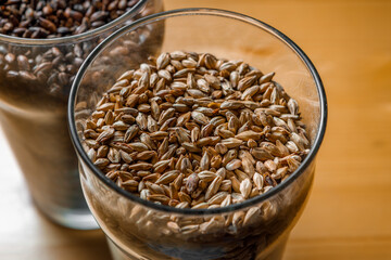 Malt for light and dark beer in glass glasses.