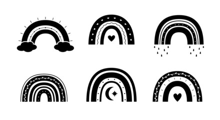 Hand drawn collection for nursery decoration with cute black rainbows. Scandinan boho style