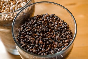 Malt for light and dark beer in glass glasses.