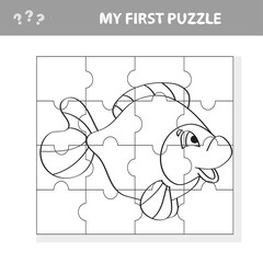 Fish in cartoon style, education game for the development of preschool children, cut parts of the image - my first puzzle. Coloring page