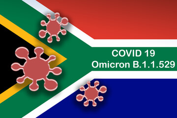 New Covid-19 variant B.1.1.529 (Omicron) Coronavirus symbol and written with the flag of South Africa in the background.