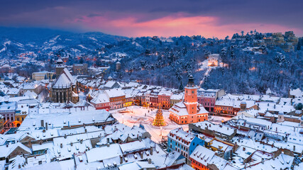 Brasov, Romania - Council Square and Christmas tree aerial view,
