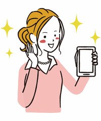 手書き線画カラーイラスト 　スマホアプリに感動するママ