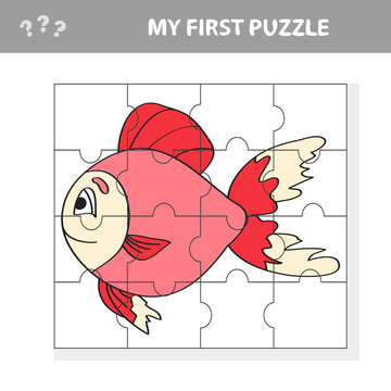 Fish in cartoon style, education game for the development of preschool children, cut parts of the image - my first puzzle