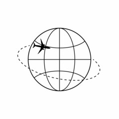 Dotted line of the aircraft route around the planet Earth. Tourism and travel. Vector illustration.