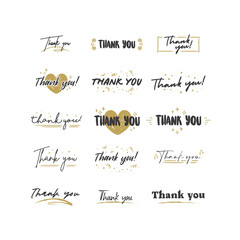 Thank You lettering compositions written with decorative calligraphic font. Bundle of gratitude phrase decorated with cute elements. Hand drawn thanks vector quotes.