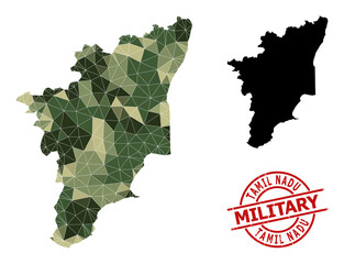 Low-Poly mosaic map of Tamil Nadu State, and distress military seal. Low-poly map of Tamil Nadu State combined from randomized camo color triangles.