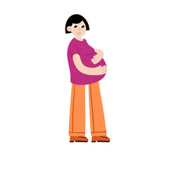 Pregnant woman hold her stomach. Modern character with big belly. Pregnancy and motherhood.