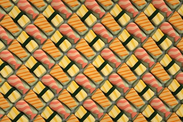 3D illustration background of rolls and sushi top view