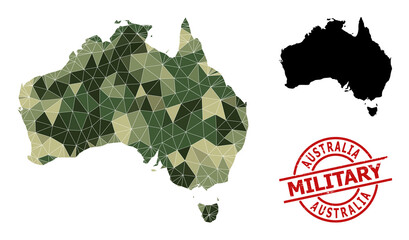Low-Poly mosaic map of Australia, and textured military stamp. Low-poly map of Australia is designed from chaotic khaki color triangles. Red round stamp for military and army abstract illustrations,