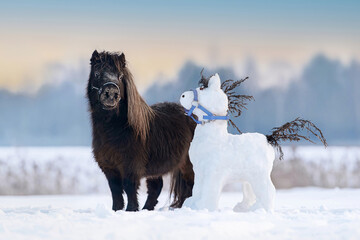 Little pony with a horse shaped snowman in winter