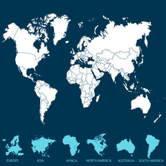 World map. Silhouette map. Continents.	
