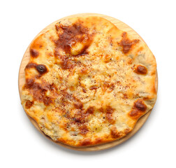 Board with delicious khachapuri on white background