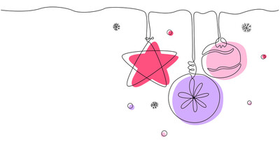 One continuous line hanging star and balls, snowflakes and confetti. Line art winter illustration with abstract shapes