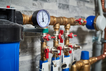 Plumbing service. copper pipeline of a heating system in boiler room