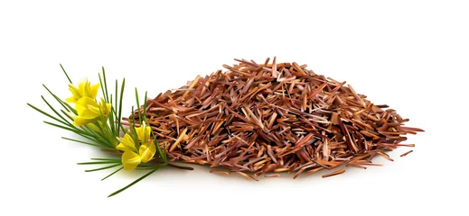 Realistic 3d vector illustration of dry rooibos tea. Pile of tea isolated on white. Rooibos branch in blossom. Herbal roibos tea. Red bush caffeine free Aspalathus heap of herbal infusions growth © Daria Vasilieva