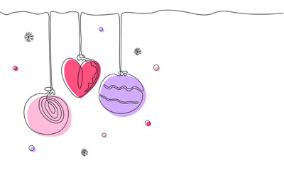 One continuous line winter card with hanging Christmas balls. Line art with abstract shapes