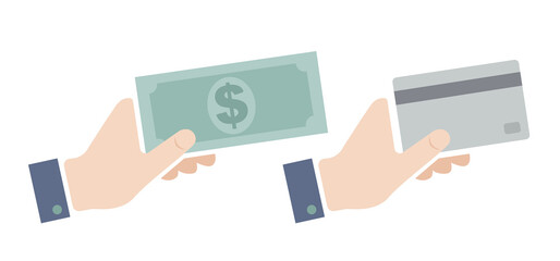 Vector set flat icons of hand with card and money.