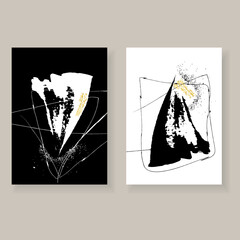 Set of minimalistic elegant wall decor posters. Black, white and gold strokes and spots with grunge texture. Creative templates for parties, cards, posters, covers, labels, home decor.