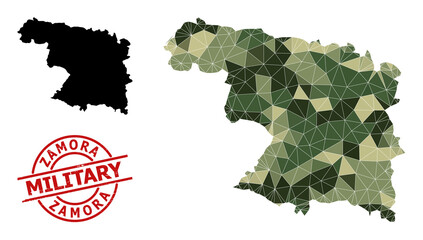 Lowpoly mosaic map of Zamora Province, and scratched military stamp print. Lowpoly map of Zamora Province is combined with random camouflage colored triangles.