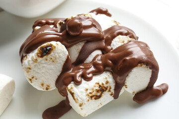 Plate of tasty grilled marshmallows in chocolate, closeup
