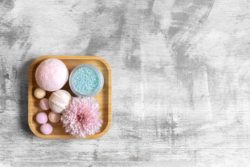 Closeup spa composition with bath bombs, flat lay.